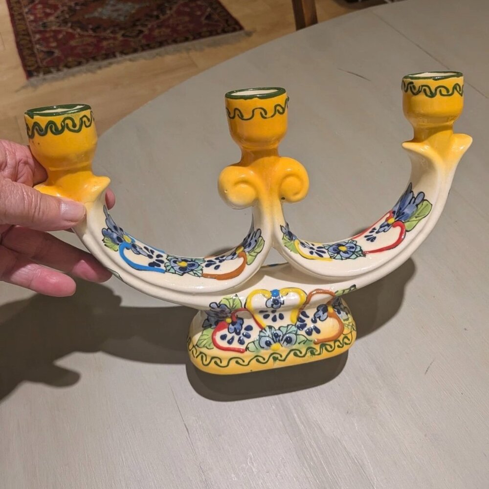 Mexican Folk Art Multi Color Talavera Pottery 3 Arm Candelabra Gold Cobalt Blue